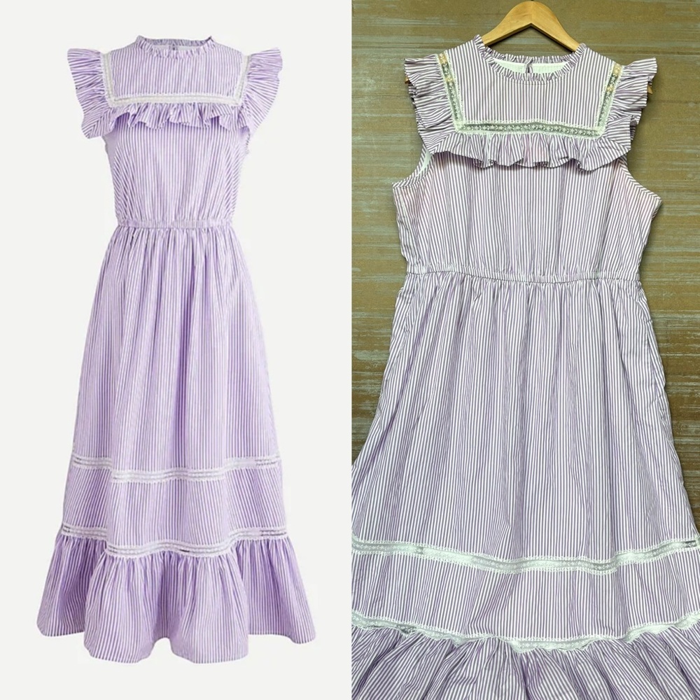 J. Crew Tiered Ruffle Pinafore Maxi Dress Purple Stripe Preppy Classic Womens L